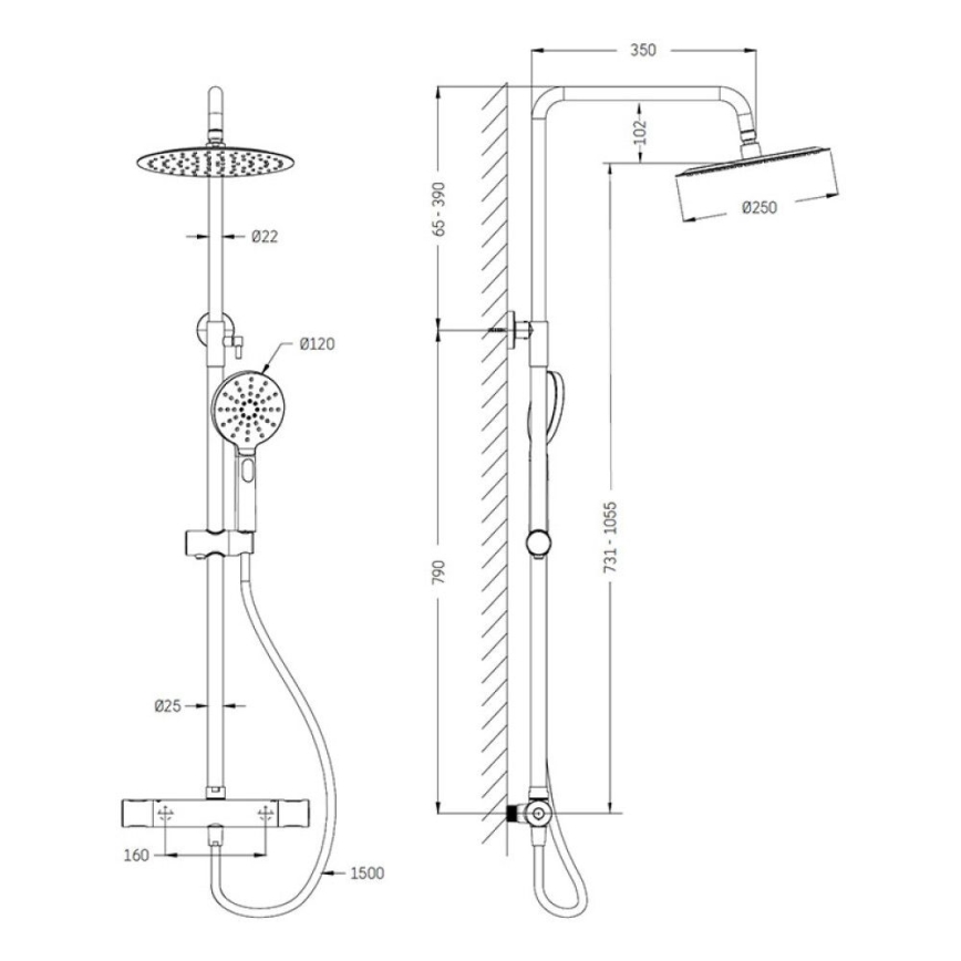 Conjunto de duche com misturador termostático DRAGOR, acabamento em latão polido