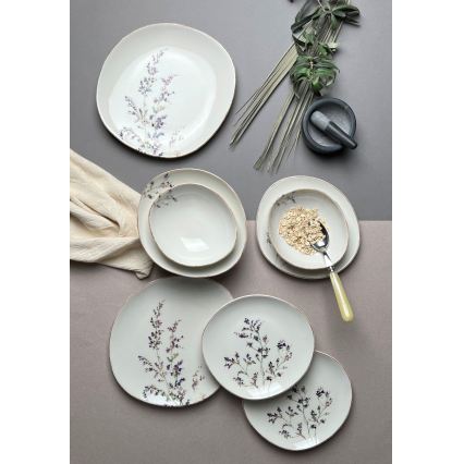 Conjunto de jantar 12 peças em porcelana, branco/roxo