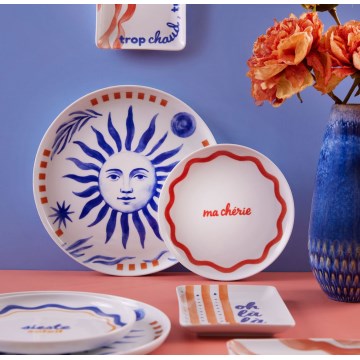 Conjunto de jantar 12 peças em porcelana — vermelho/azul/branco