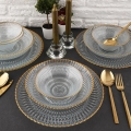 Conjunto de jantar 12 peças em vidro transparente com acabamento dourado