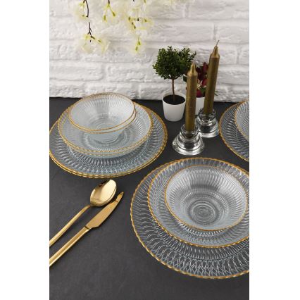 Conjunto de jantar 12 peças em vidro transparente com acabamento dourado