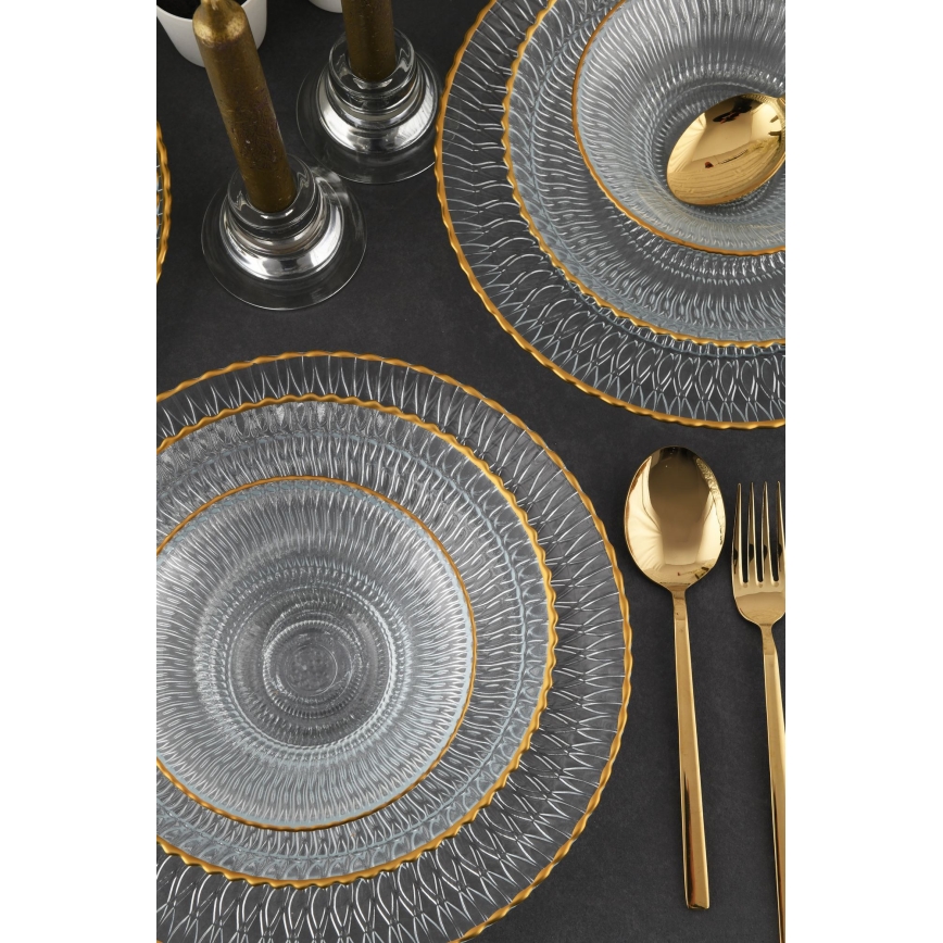 Conjunto de jantar 12 peças em vidro transparente com acabamento dourado