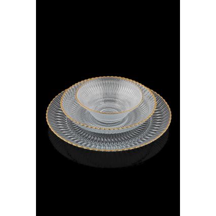 Conjunto de jantar 12 peças em vidro transparente com acabamento dourado