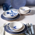 Conjunto de jantar 14 peças em porcelana, branco/azul