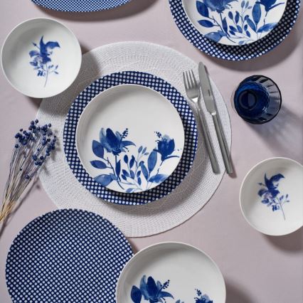 Conjunto de jantar 14 peças em porcelana, branco/azul