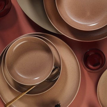 Conjunto de jantar 16 peças em porcelana, castanho/bege