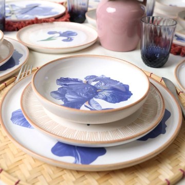 Conjunto de jantar 18 peças branco/azul/bege/cerâmica