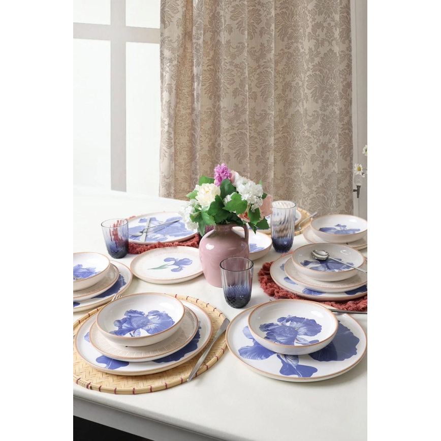 Conjunto de jantar 18 peças branco/azul/bege/cerâmica