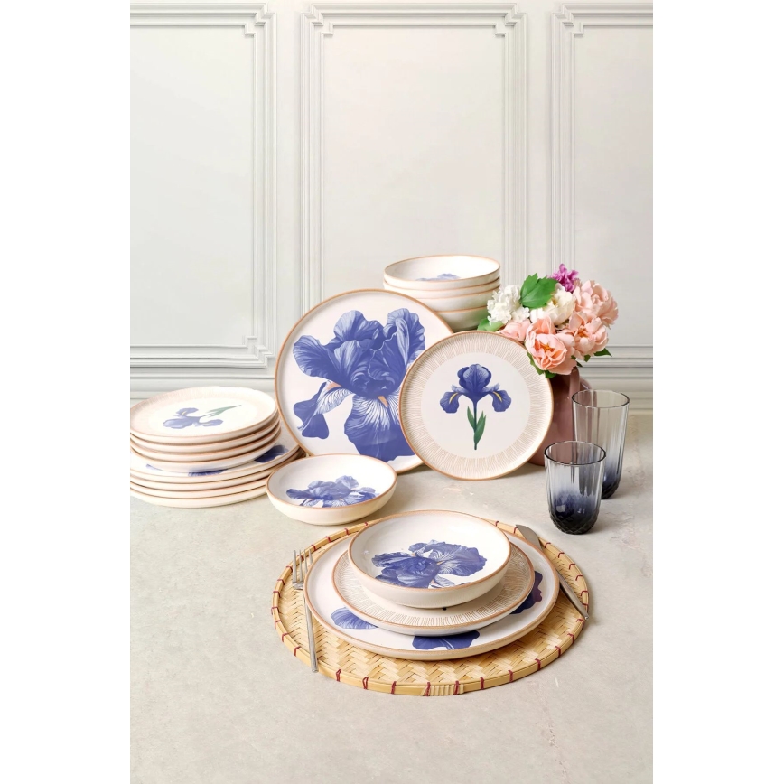 Conjunto de jantar 18 peças branco/azul/bege/cerâmica