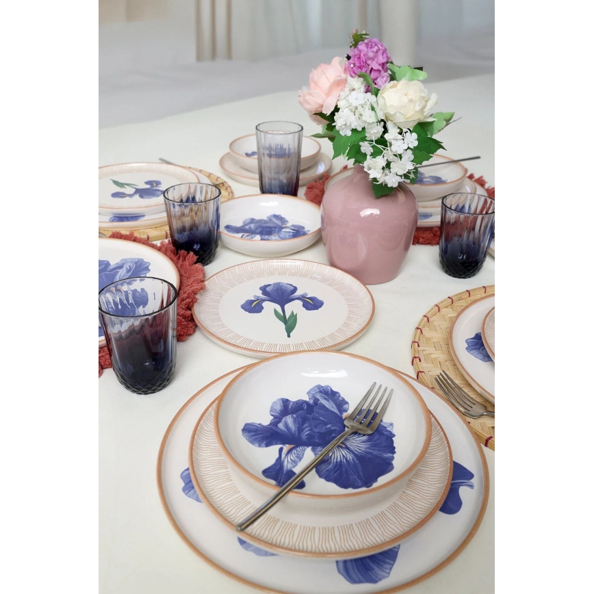 Conjunto de jantar 18 peças branco/azul/bege/cerâmica