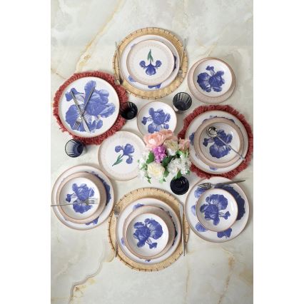 Conjunto de jantar 18 peças branco/azul/bege/cerâmica