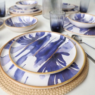 Conjunto de jantar 18 peças branco/azul/cerâmica