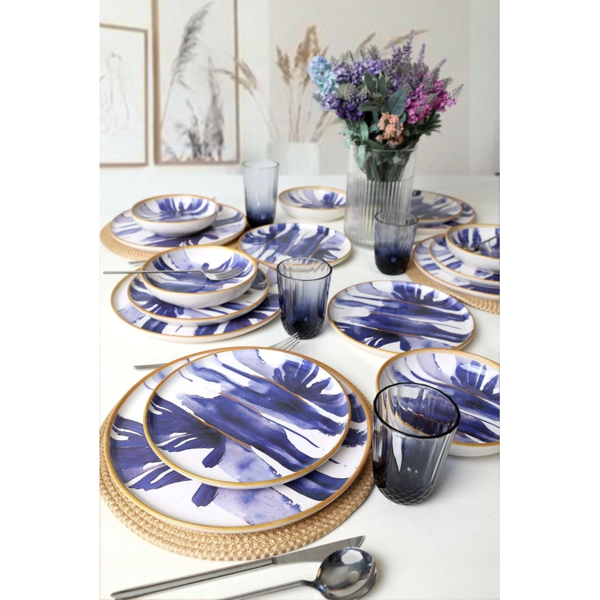 Conjunto de jantar 18 peças branco/azul/cerâmica