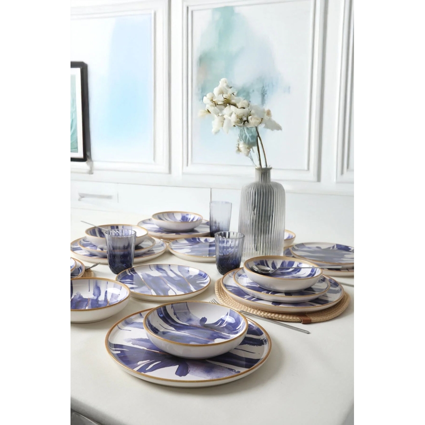 Conjunto de jantar 18 peças branco/azul/cerâmica