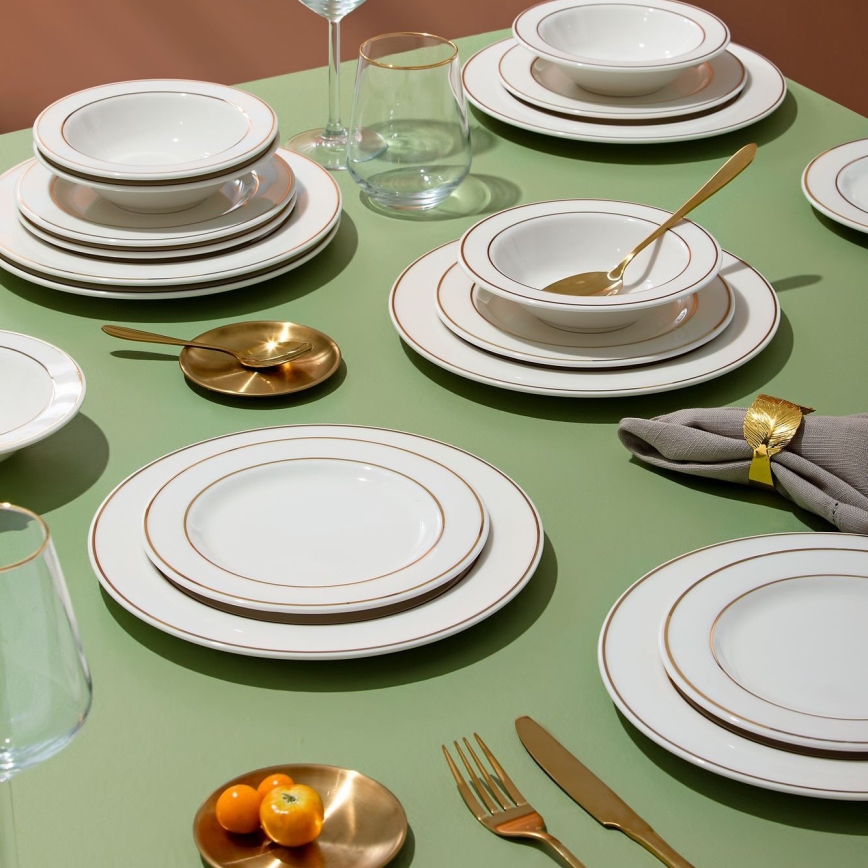 Conjunto de jantar 18 peças branco/dourado em porcelana