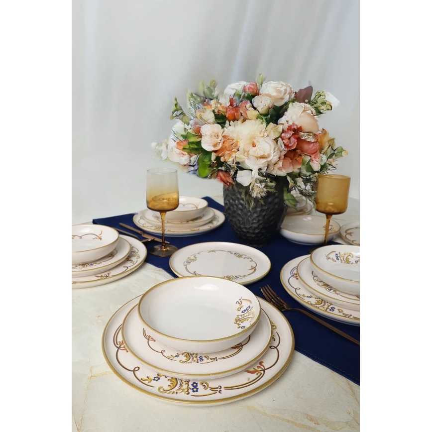 Conjunto de jantar 18 peças creme/dourado/cerâmica