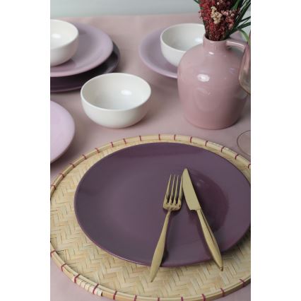 Conjunto de jantar 18 peças em cerâmica — roxo e branco