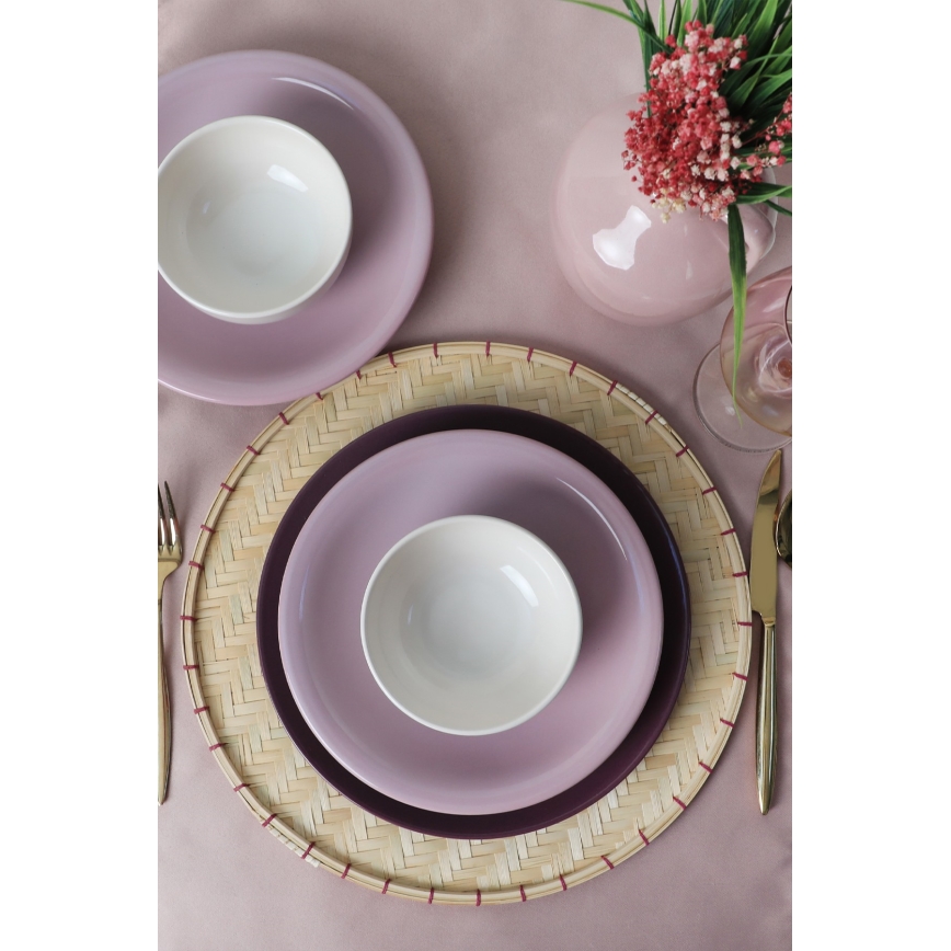 Conjunto de jantar 18 peças em cerâmica — roxo e branco