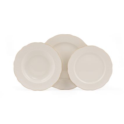 Conjunto de jantar 18 peças em porcelana branca com acabamento dourado