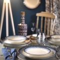Conjunto de jantar 18 peças em porcelana, branco/azul