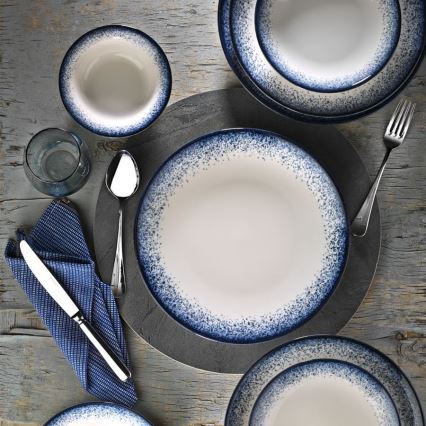 Conjunto de jantar 18 peças em porcelana, branco/azul