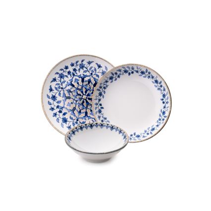 Conjunto de jantar 18 peças em porcelana, branco e azul