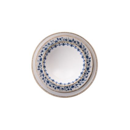 Conjunto de jantar 18 peças em porcelana, branco e azul