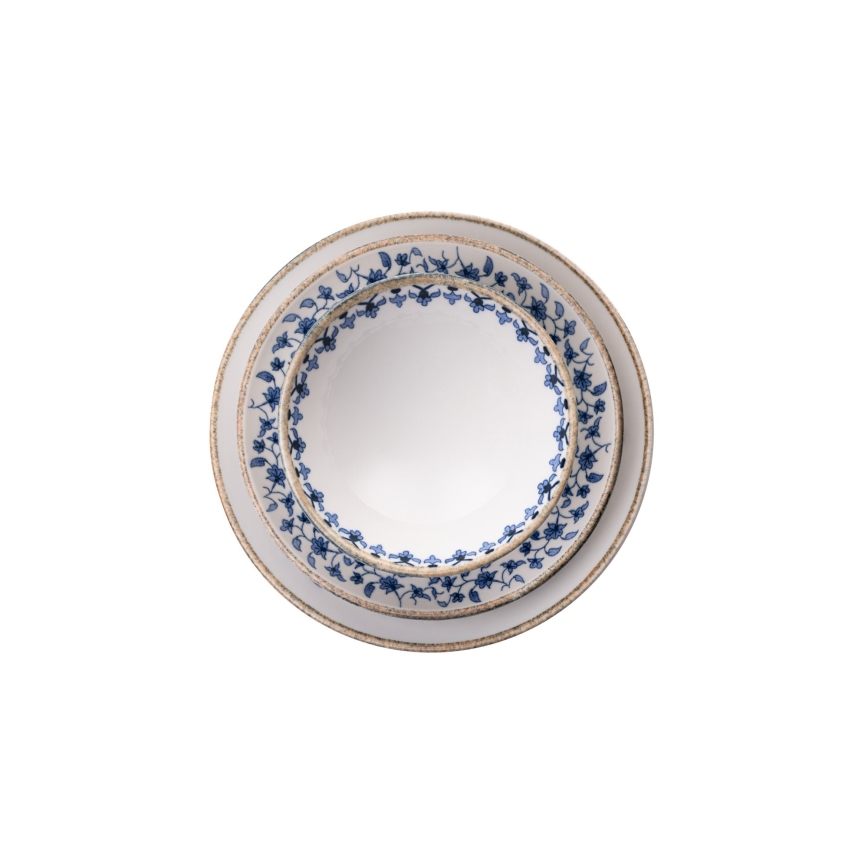 Conjunto de jantar 18 peças em porcelana, branco e azul