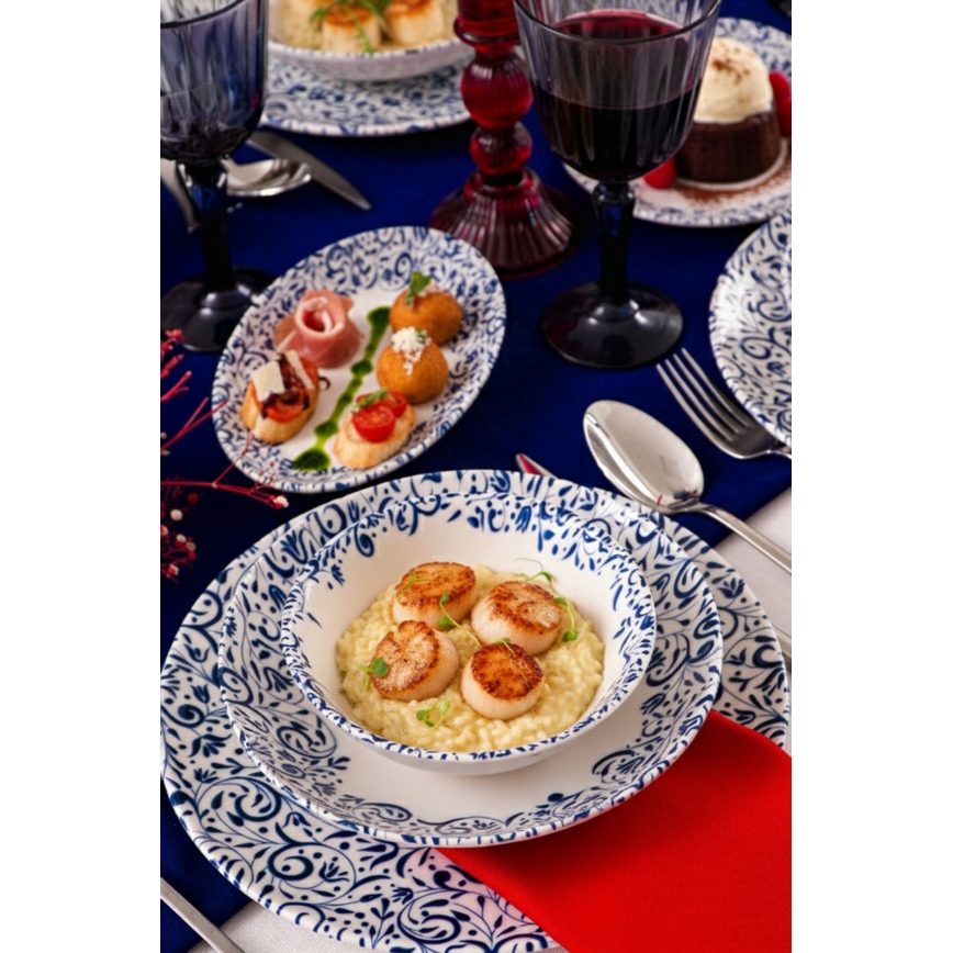Conjunto de jantar 18 peças em porcelana — branco/azul