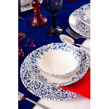 Conjunto de jantar 18 peças em porcelana — branco/azul