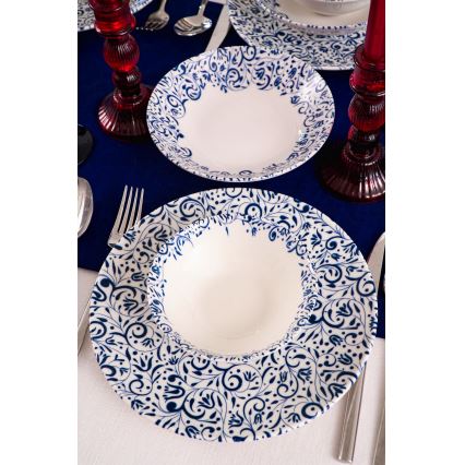 Conjunto de jantar 18 peças em porcelana — branco/azul
