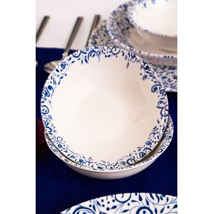Conjunto de jantar 18 peças em porcelana — branco/azul