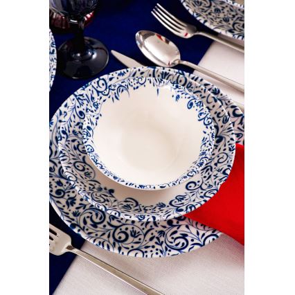 Conjunto de jantar 18 peças em porcelana — branco/azul