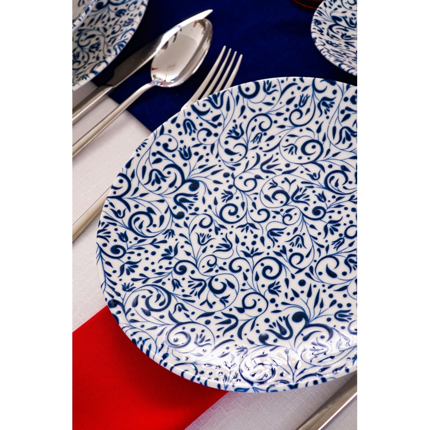 Conjunto de jantar 18 peças em porcelana — branco/azul