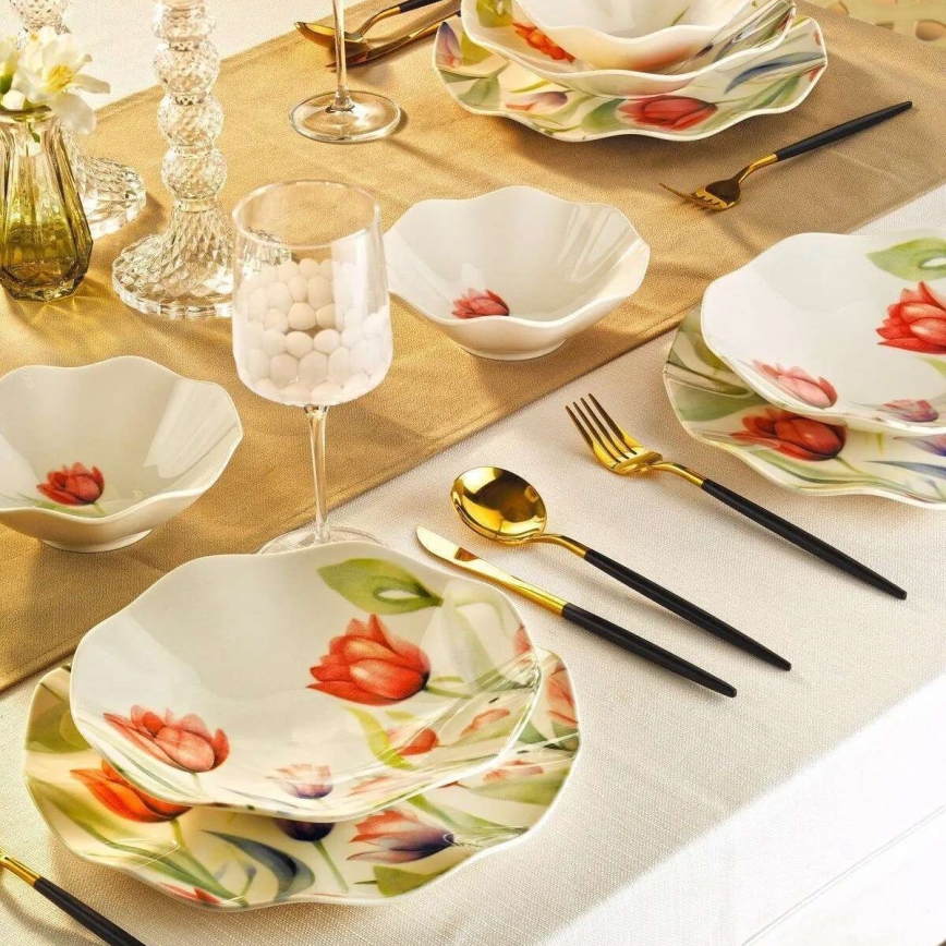 Conjunto de jantar 18 peças em porcelana — vermelho, verde e branco