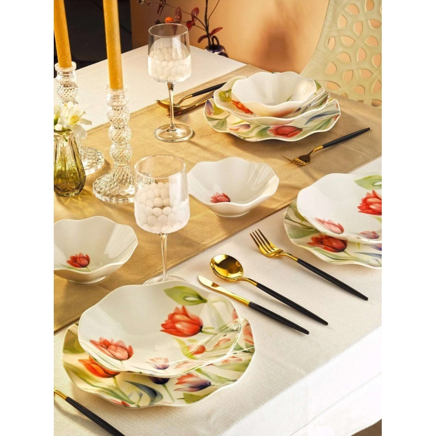 Conjunto de jantar 18 peças em porcelana — vermelho, verde e branco
