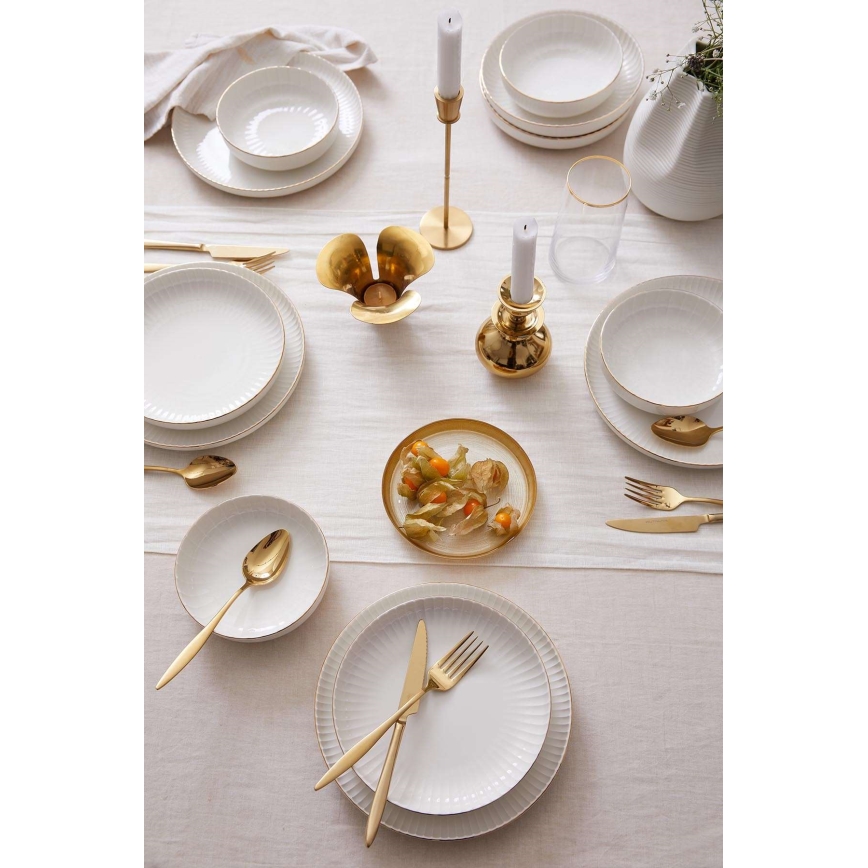 Conjunto de jantar, 18 peças, porcelana branca com detalhes dourados