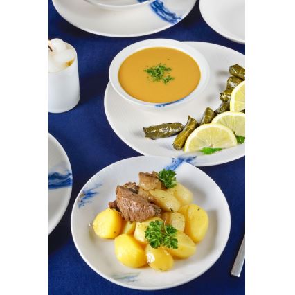 Conjunto de jantar 18 peças, porcelana, branco/azul