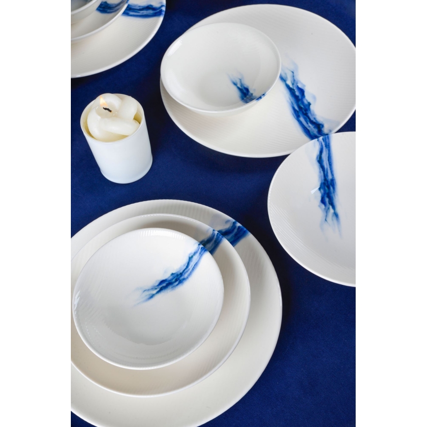 Conjunto de jantar 18 peças, porcelana, branco/azul