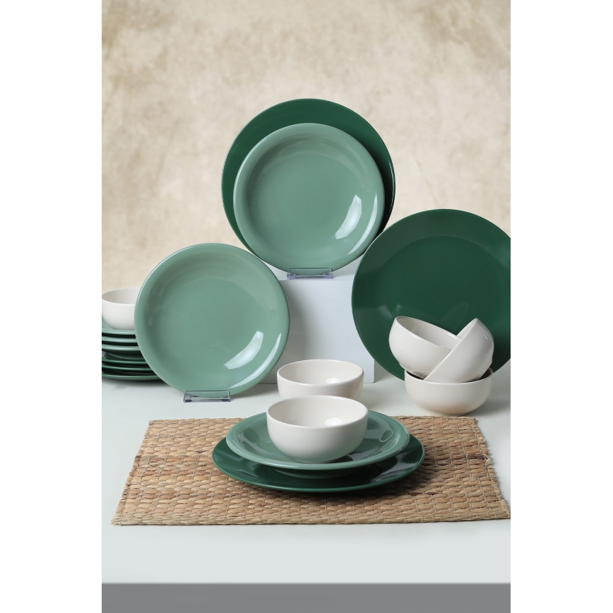Conjunto de jantar 18 peças, verde/branco, em cerâmica
