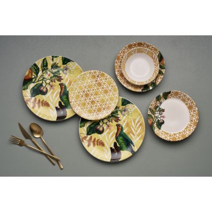 Conjunto de jantar 24 peças, amarelo/verde/branco, cerâmica