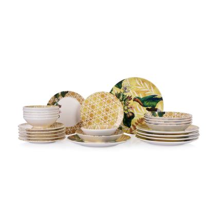 Conjunto de jantar 24 peças, amarelo/verde/branco, cerâmica