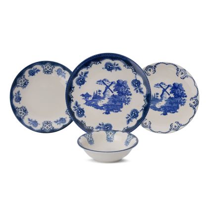 Conjunto de jantar 24 peças, azul/branco, em porcelana