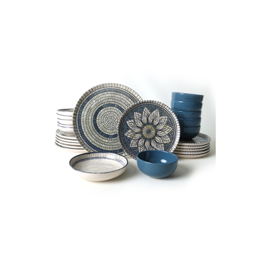 Conjunto de jantar 24 peças azul/creme/grés