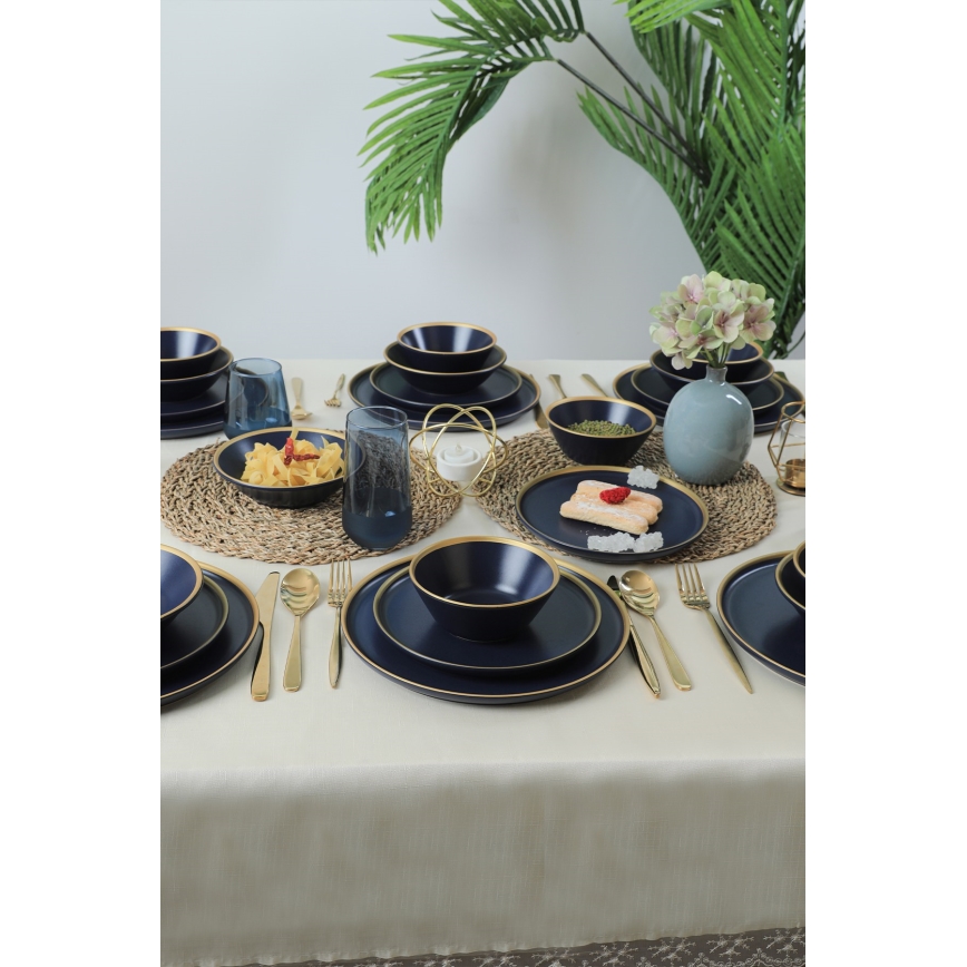 Conjunto de jantar 24 peças azul/dourado/cerâmica