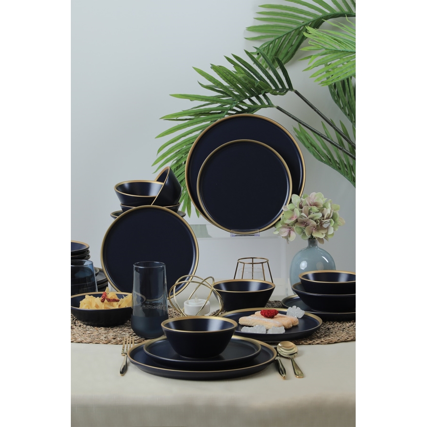 Conjunto de jantar 24 peças azul/dourado/cerâmica