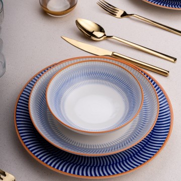 Conjunto de jantar 24 peças azul/laranja/porcelana