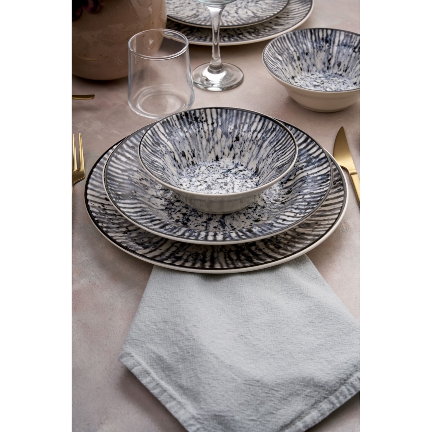 Conjunto de jantar 24 peças azul/preto/cerâmica
