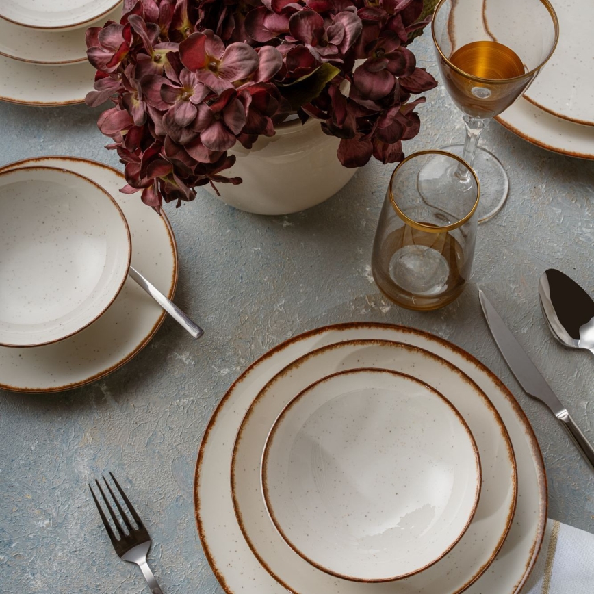 Conjunto de jantar 24 peças bege/castanho/porcelana