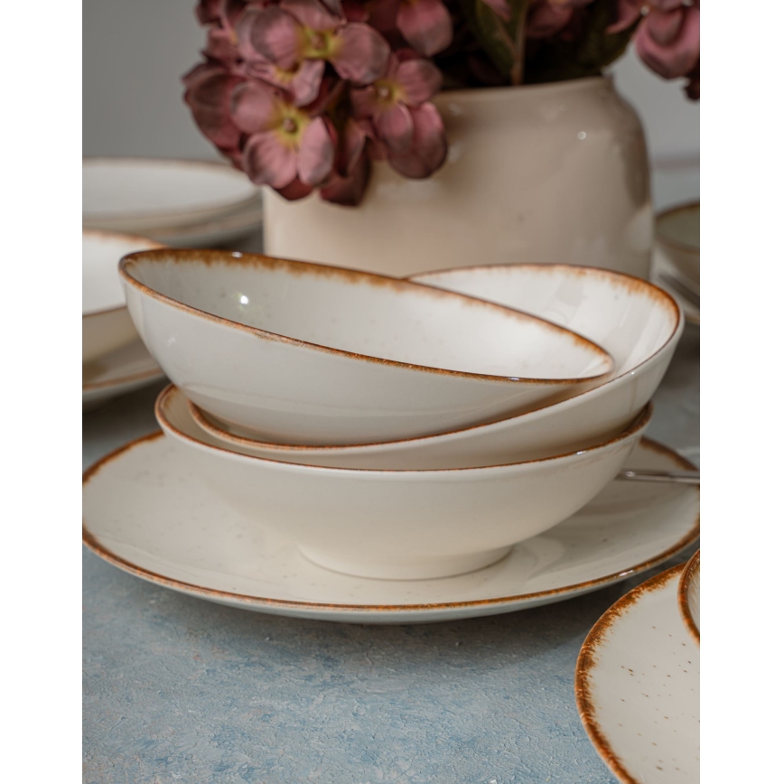 Conjunto de jantar 24 peças bege/castanho/porcelana